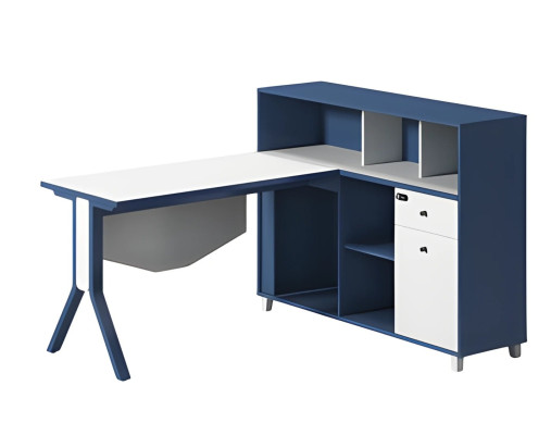 Blue and white desk with storage space, open shelves, and elegant legs