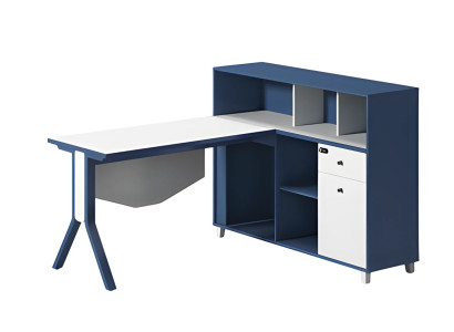 Blue and white desk with storage space, open shelves, and elegant legs