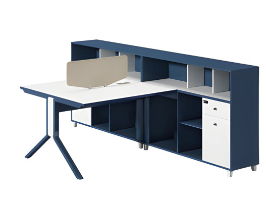 Modern desk in blue and white with partition panel and storage space