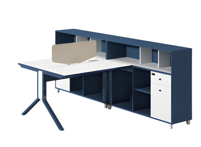Modern desk in blue and white with partition panel and storage space