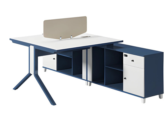 Blue and white desk with drawer, storage space, and modern metal legs