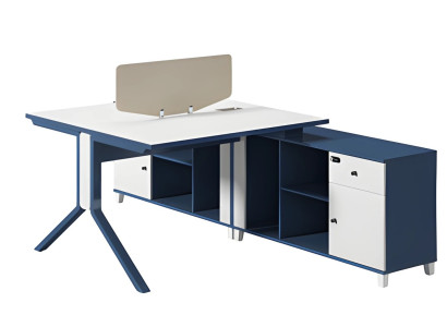 Blue and white desk with drawer, storage space, and modern metal legs