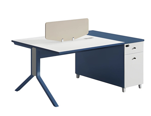 Blue and white desk with functional storage space and practical partition surface