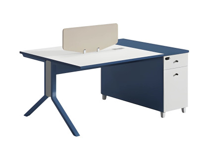Blue and white desk with functional storage space and practical partition surface
