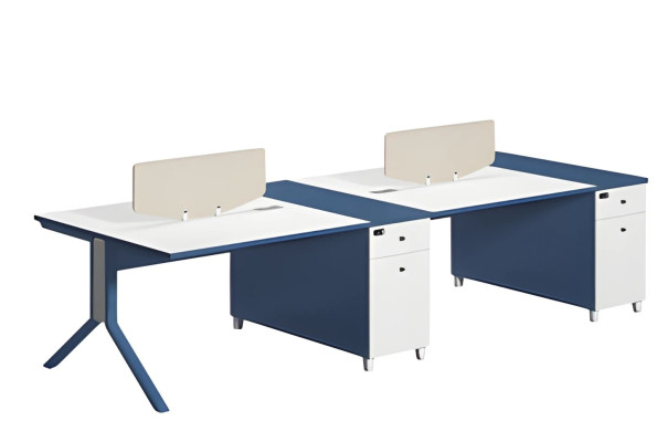 Modern blue and white desk with two sections and a divider panel