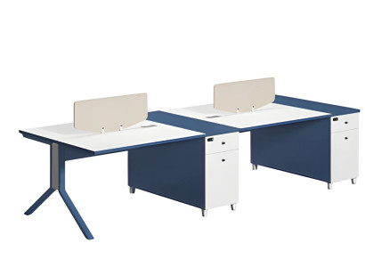 Modern blue and white desk with two sections and a divider panel