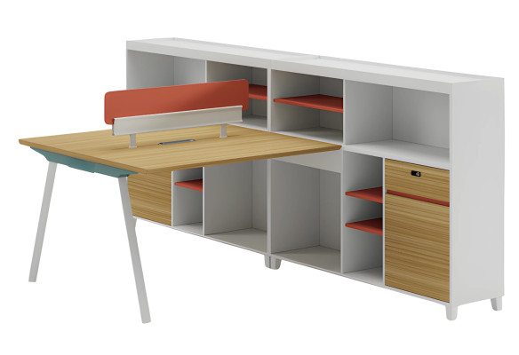 Modern desk with storage and orange shelf