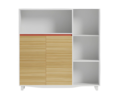 Elegant desk cabinet with wooden shelves and red details