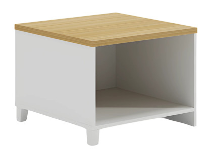 Modern white table with wooden surface, practical and minimalist storage space