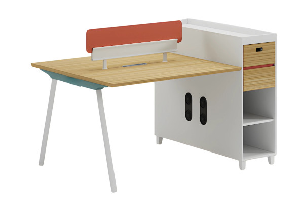Modern desk with backrest, storage space, and shelves