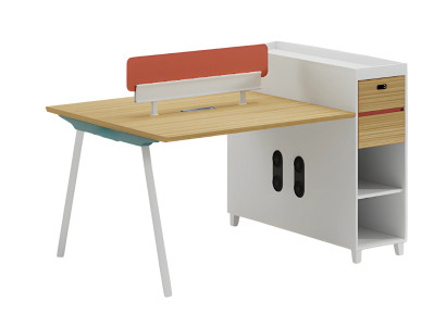 Modern desk with backrest, storage space, and shelves