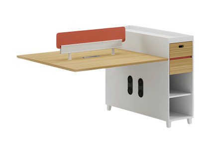 Modern desk with backrest, storage space, and shelves