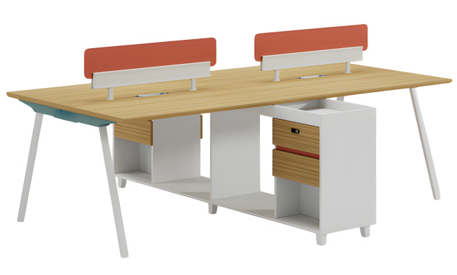 Modern desk with backrest, storage space, and shelves