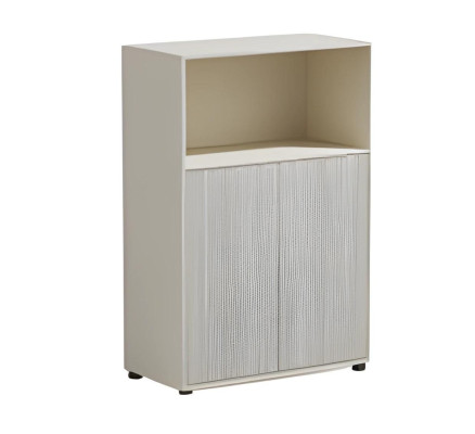 Beige desk cabinet with storage space and modern sliding doors for office and home