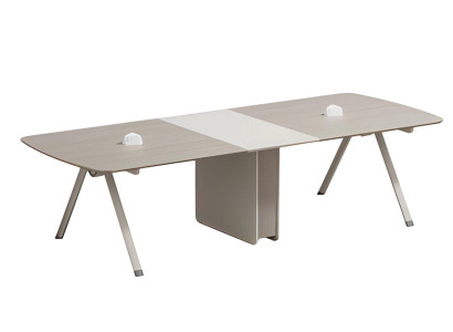 Beige modular conference table with built-in drawer and modern design