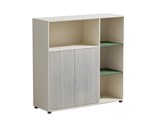 Beige desk cabinet with modular storage and shelves for modern office design