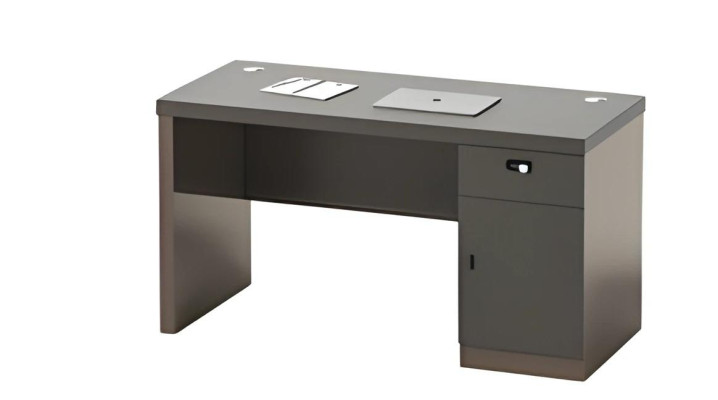 Modern black desk with storage, lock, and cable channels