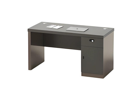 Modern black desk with storage, lock, and cable channels
