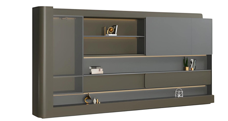 Black modern desk cabinet with gray LED lighting and storage space