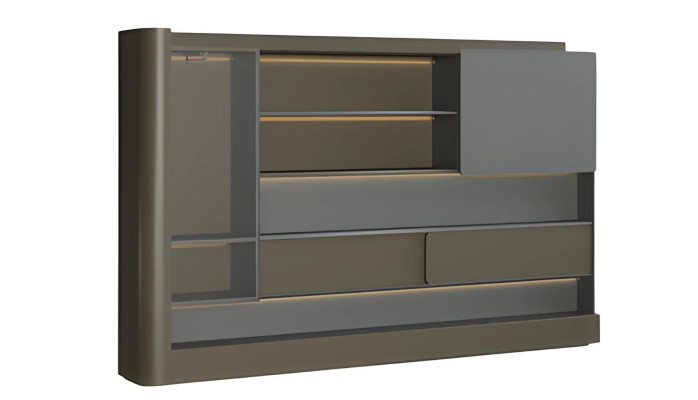 Black modern desk cabinet with gray LED lighting and storage space