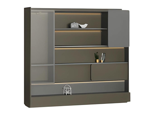 Black modern desk cabinet with gray LED lighting and storage space