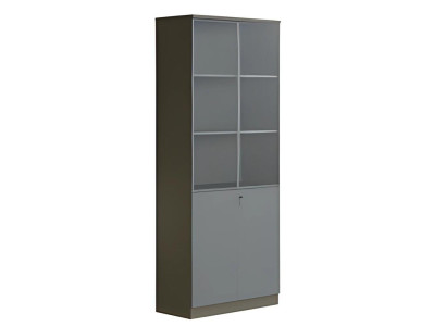 Modern gray desk cabinet with glass doors