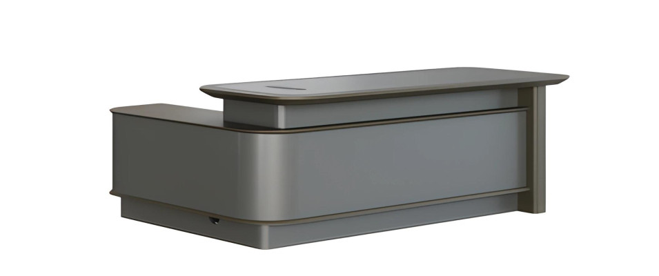 Modern gray desk with storage and cable management