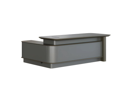 Modern gray desk with storage and cable management