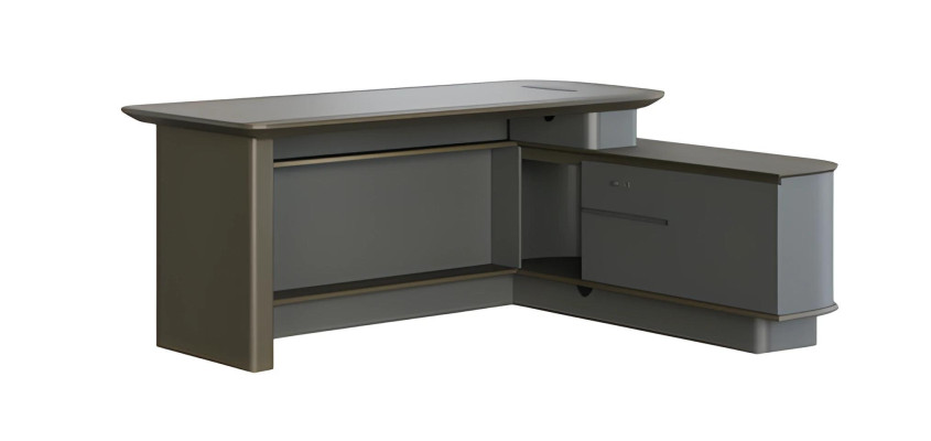 Modern gray corner desk with storage and elegant cable openings