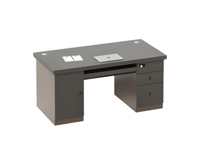 Gray table with storage and drawers, cable channels, lock