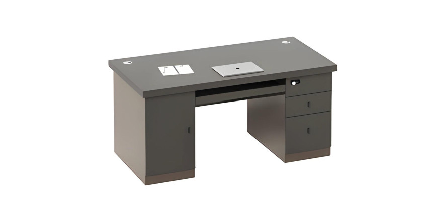 Modern black and gray desk with storage and cable management