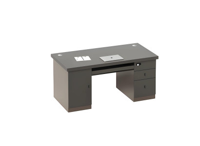 Modern black and gray desk with storage and cable management