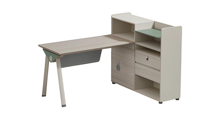 Modern beige-gray desk with storage, surface, drawers, and glass lock