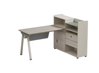 Modern beige-gray desk with storage, surface, drawers, and glass lock