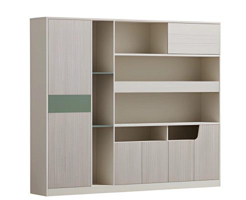 Modern desk lamp in beige and gray color, with open doors and glass shelves