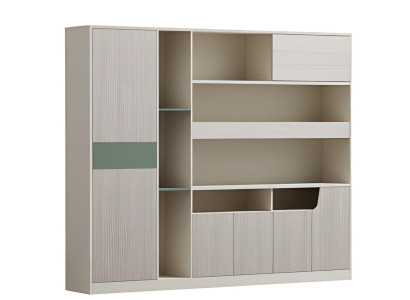 Modern desk lamp in beige and gray color, with open doors and glass shelves