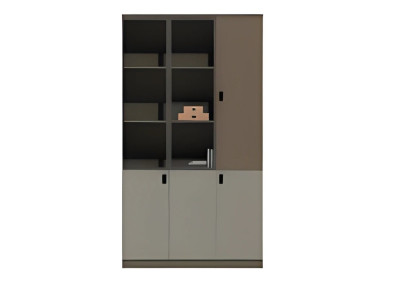 Modern brown-gray desk cabinet with shelves and doors