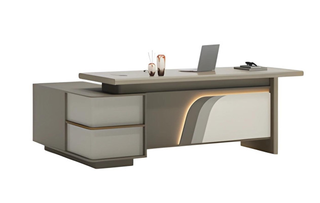 Beige and brown desk with LED lighting and drawers