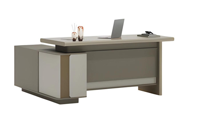 Modern beige-gray desk with drawers and LED lighting
