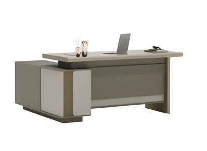 Modern beige-gray desk with drawers and LED lighting