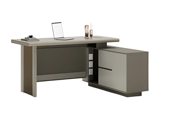 Gray and beige desk with drawers and storage space