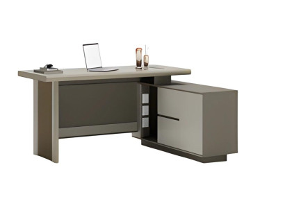 Gray and beige desk with drawers and storage space