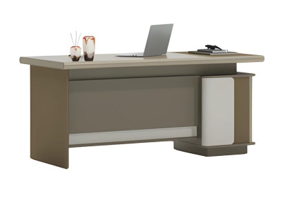 Gray and beige desk with drawers and shelf for design and organization