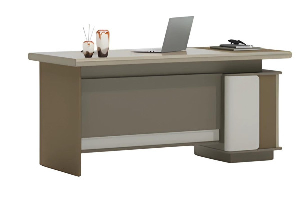 Brown and gray desk with drawers and storage space