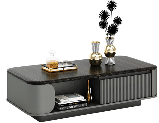 Modern living room table with elegant design and black surface, as well as open shelves