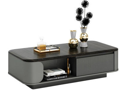Modern living room table with elegant design and black surface, as well as open shelves