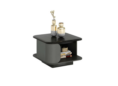 Modern living room table with compact dimensions and open top section, black surface