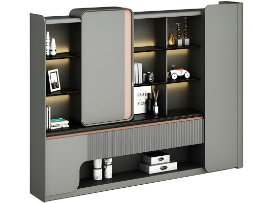 Modern avocado cabinet with open shelves and simple elegant lighting in gray