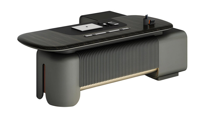 Modern desk with elegant design and black surface, lighting