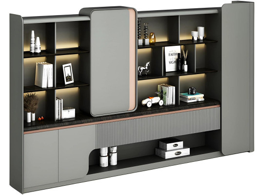 Modern birch desk cabinet with open shelves, LED lighting, elegant simplicity, gray design